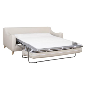 Canapé convertible scandinave 3 places en tissu beige et bois clair avec matelas 10 cm VENDOME