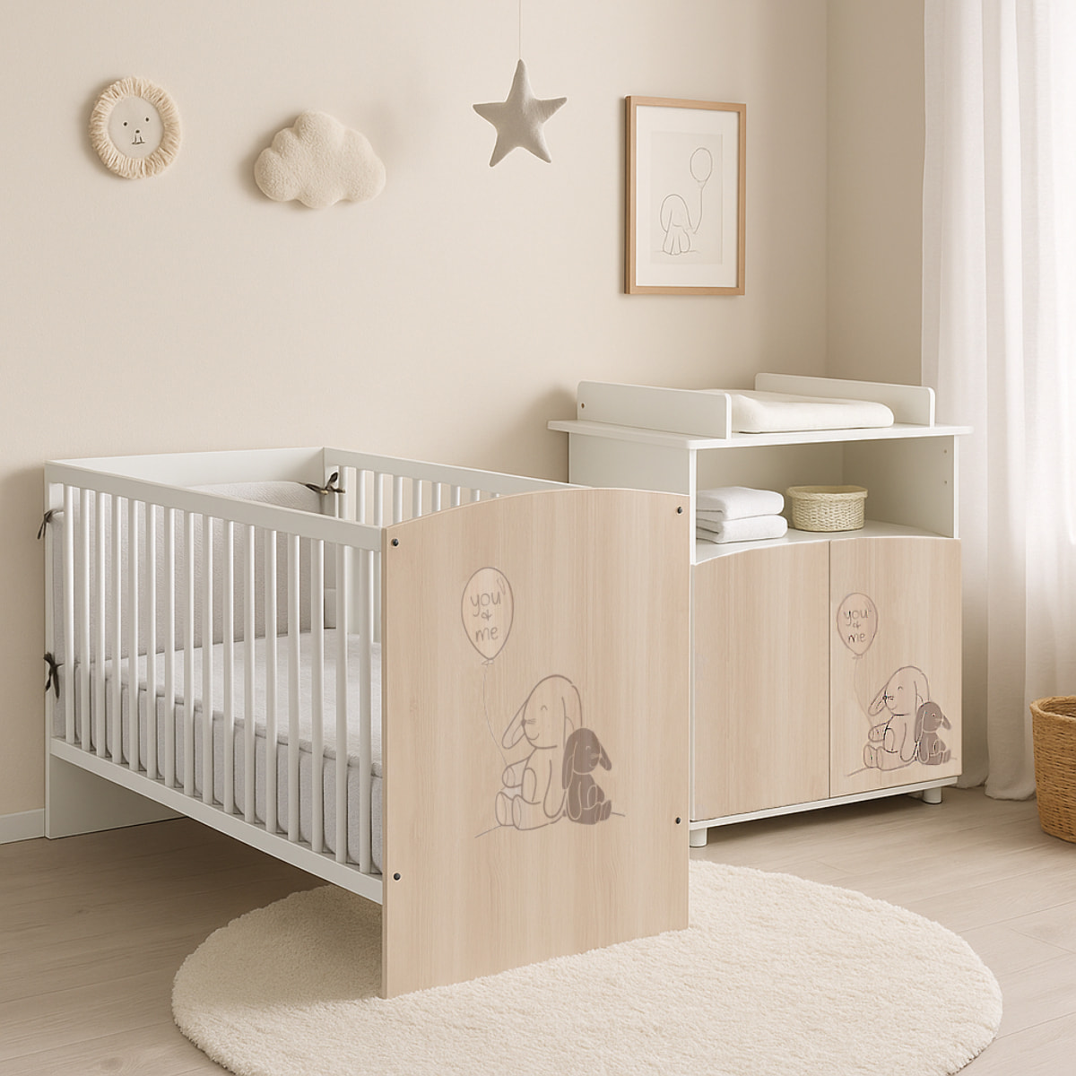 Commode à langer 2 portes et une niche décor bois