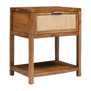 Table de chevet Eline -bois massif de manguier et rotin-couleur noyer 50 x 60 x 35 cm