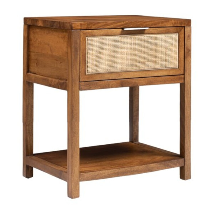 Table de chevet Eline -bois massif de manguier et rotin-couleur noyer 50 x 60 x 35 cm