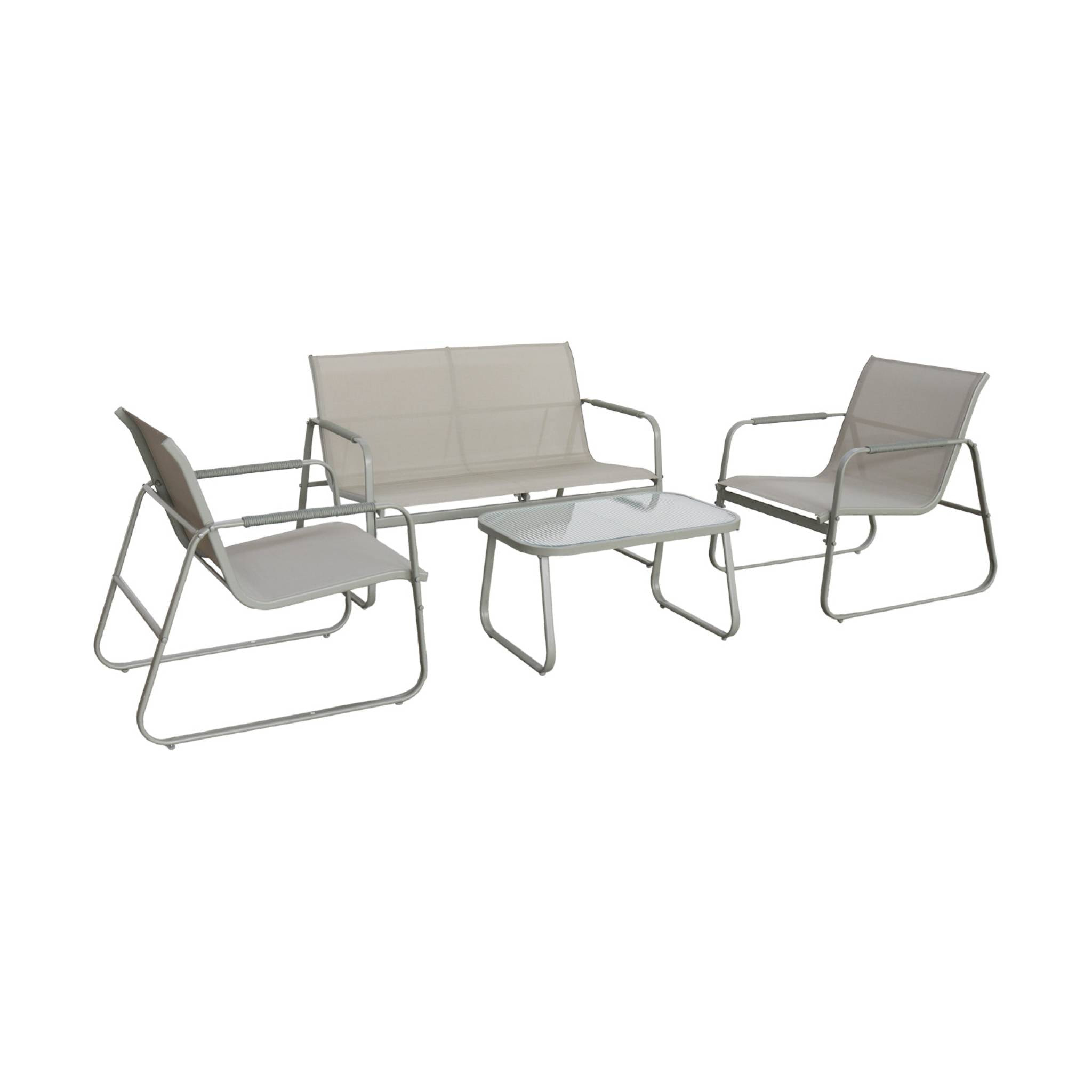 Salon de jardin kaki NOTO acier. 4 places. un canapé. une table. deux fauteuils textilene