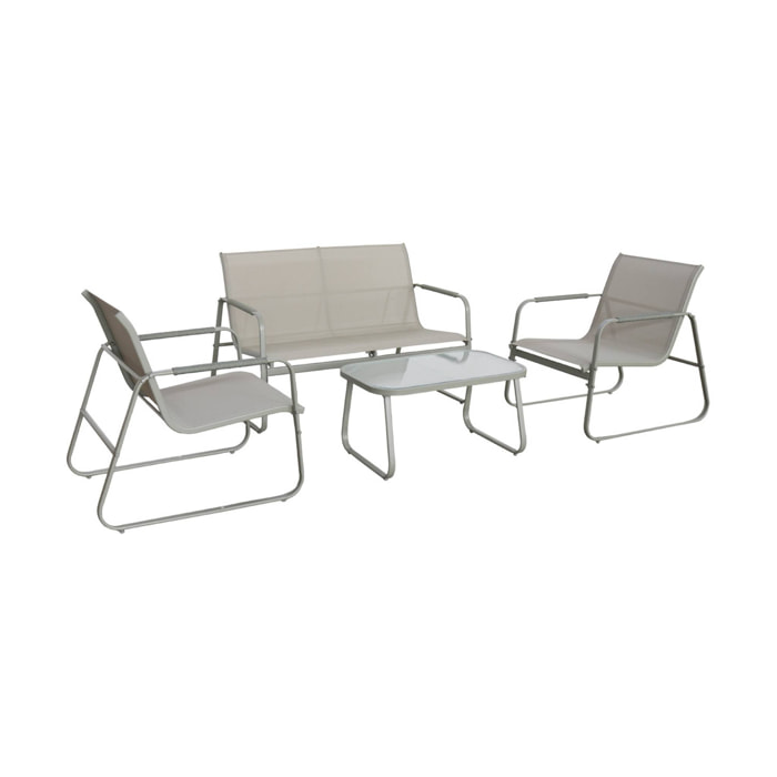 Salon de jardin kaki NOTO acier. 4 places. un canapé. une table. deux fauteuils textilene