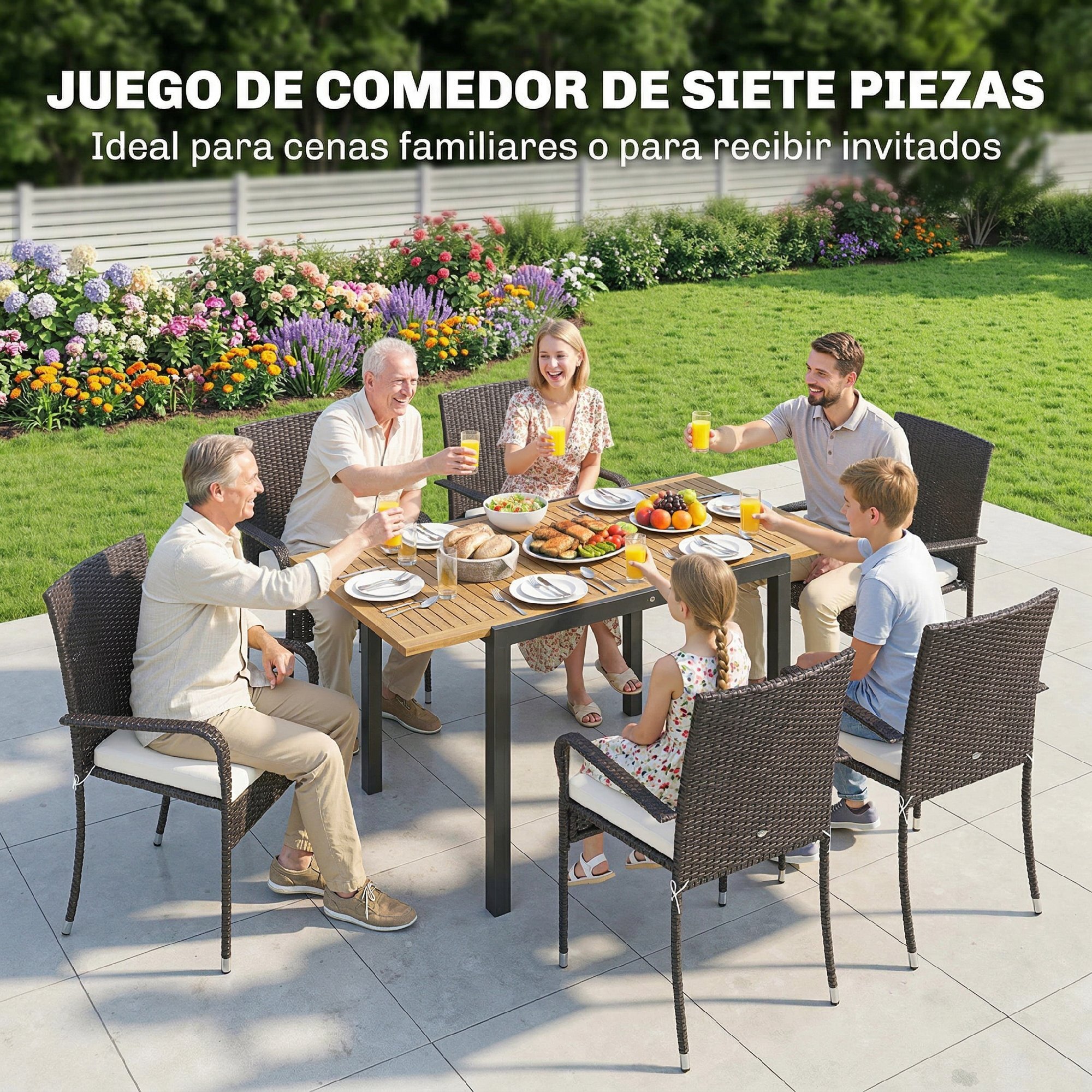 Conjunto de Mesa y Sillas Jardín de Ratán de 7 Piezas, Muebles Jardín Exterior con Mesa Extensible Tablero Madera y 6 Sillas Apilables con Cojines Extraíbles, Marco de Acero Resistente, Crema