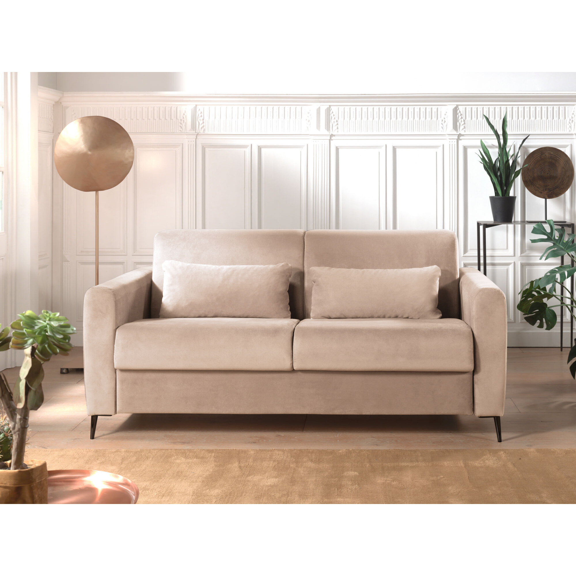 Owen - canapé lit 3 places convertible express couchage quotidien 140 cm matelas 12 cm en velours - Beige