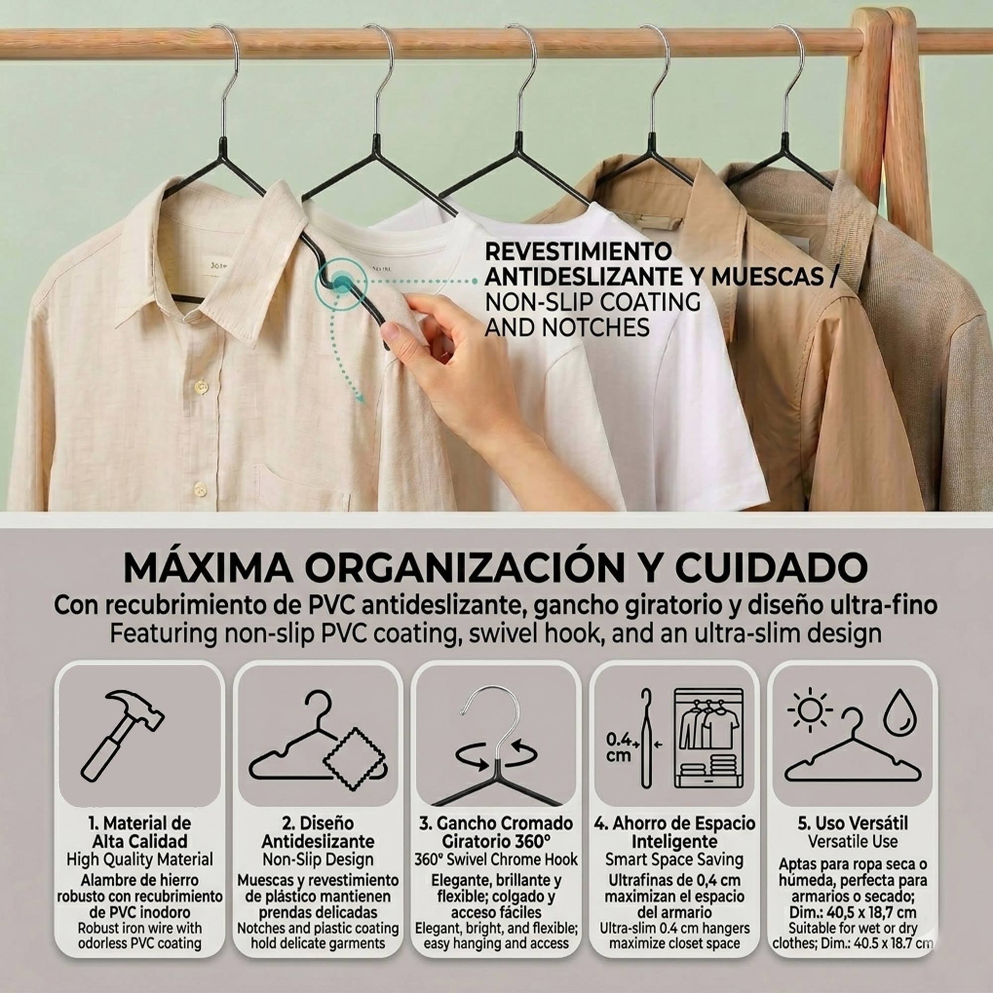 Set de perchas metálicas con revestimiento antideslizante, finas y con ganchos giratorios