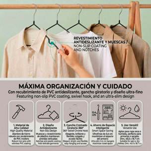 Set de perchas metálicas con revestimiento antideslizante, finas y con ganchos giratorios