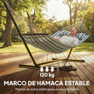 Hamaca con Soporte, Hamaca de Jardín Portátil con Almohada Desmontable, Barras Separadoras, Marco de Acero, Carga 120 kg, para Patio, Terraza, Diseño Rayas, 353x94x115 cm, Verde