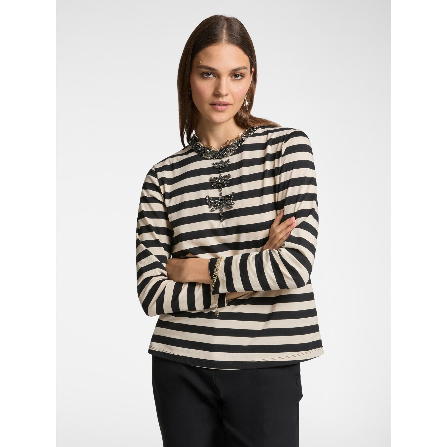 Elena Mirò - Camiseta de rayas con bordado de libélulas - Negro