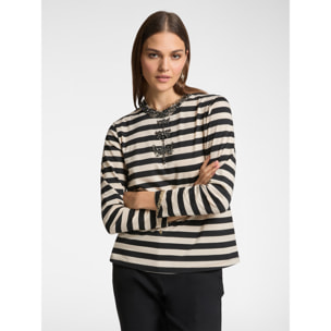 Elena Mirò - Camiseta de rayas con bordado de libélulas - Negro