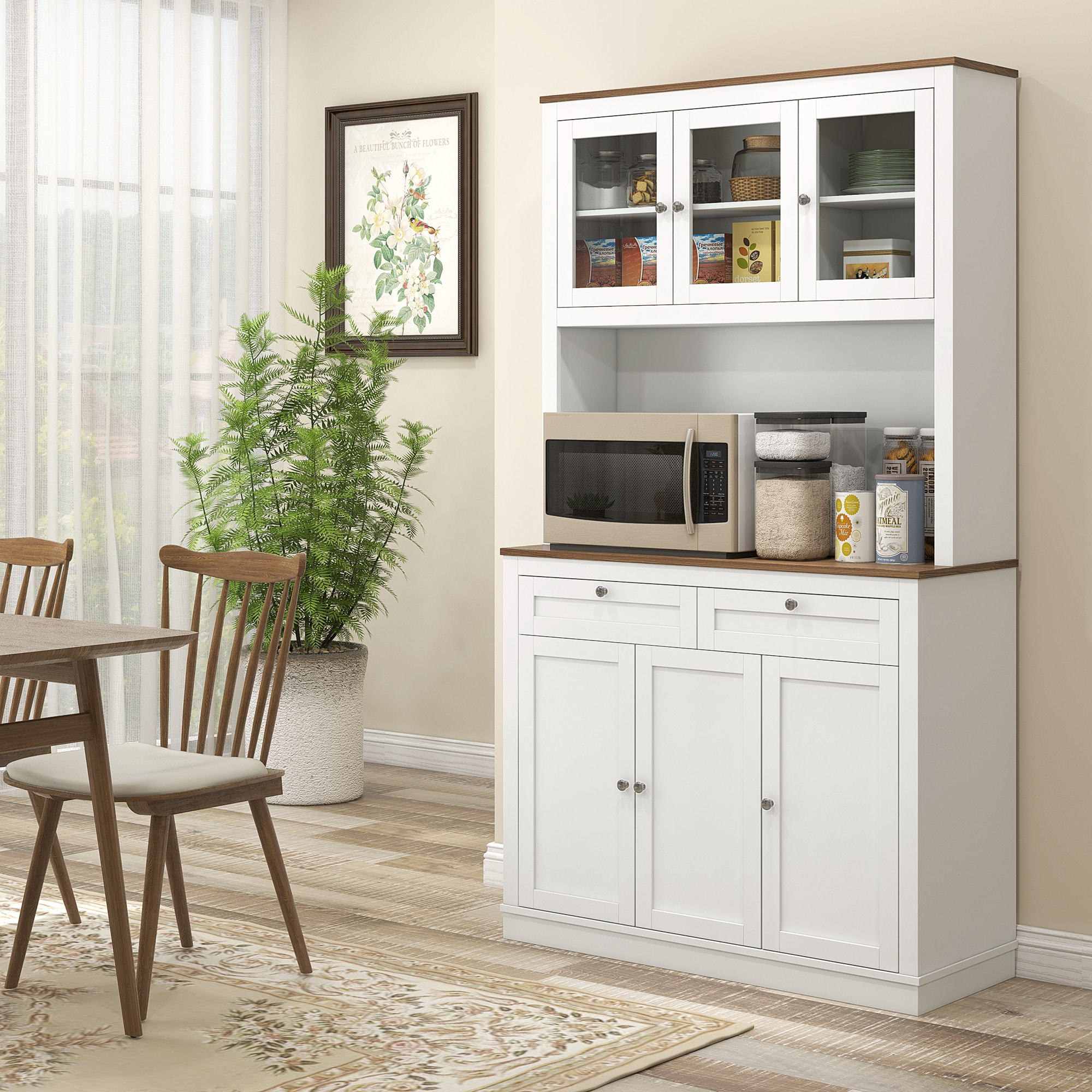 Alacena de Cocina Mueble Auxiliar de Cocina Armario de Cocina con 3 Puertas de Vidrio Compartimento Abierto 2 Cajones y Estantes Ajustables 100x40x180 cm Blanco