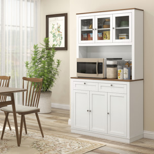 Alacena de Cocina Mueble Auxiliar de Cocina Armario de Cocina con 3 Puertas de Vidrio Compartimento Abierto 2 Cajones y Estantes Ajustables 100x40x180 cm Blanco