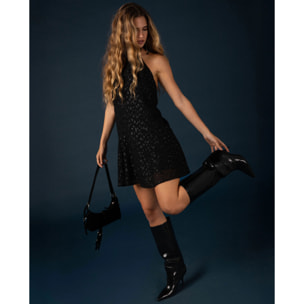 Vestido corto plumeti con lúrex y escote halter de mujer