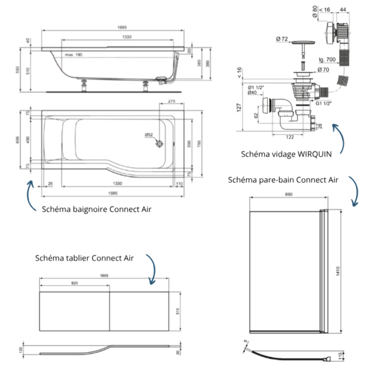 Pack baignoire bain douche 170 x 80 cm droite Connect Air + tablier + pare bain fixe + vidage Doré