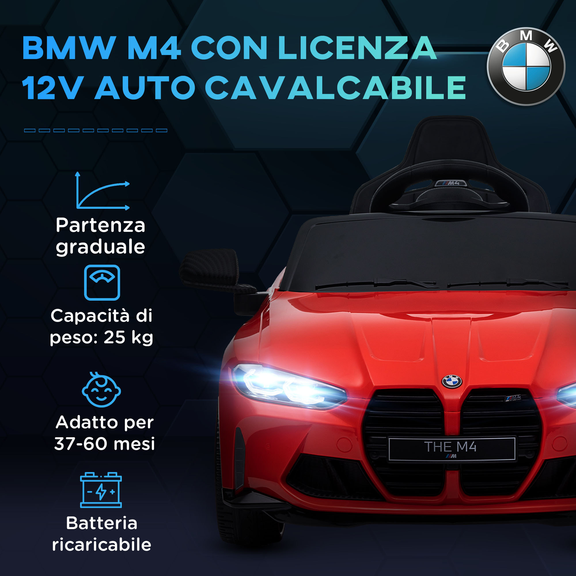 AIYAPLAY Macchina Elettrica per Bambini a Licenza BMW M4 con Telecomando, Clacson e Fari, 108x69.5x51 cm, Rossa