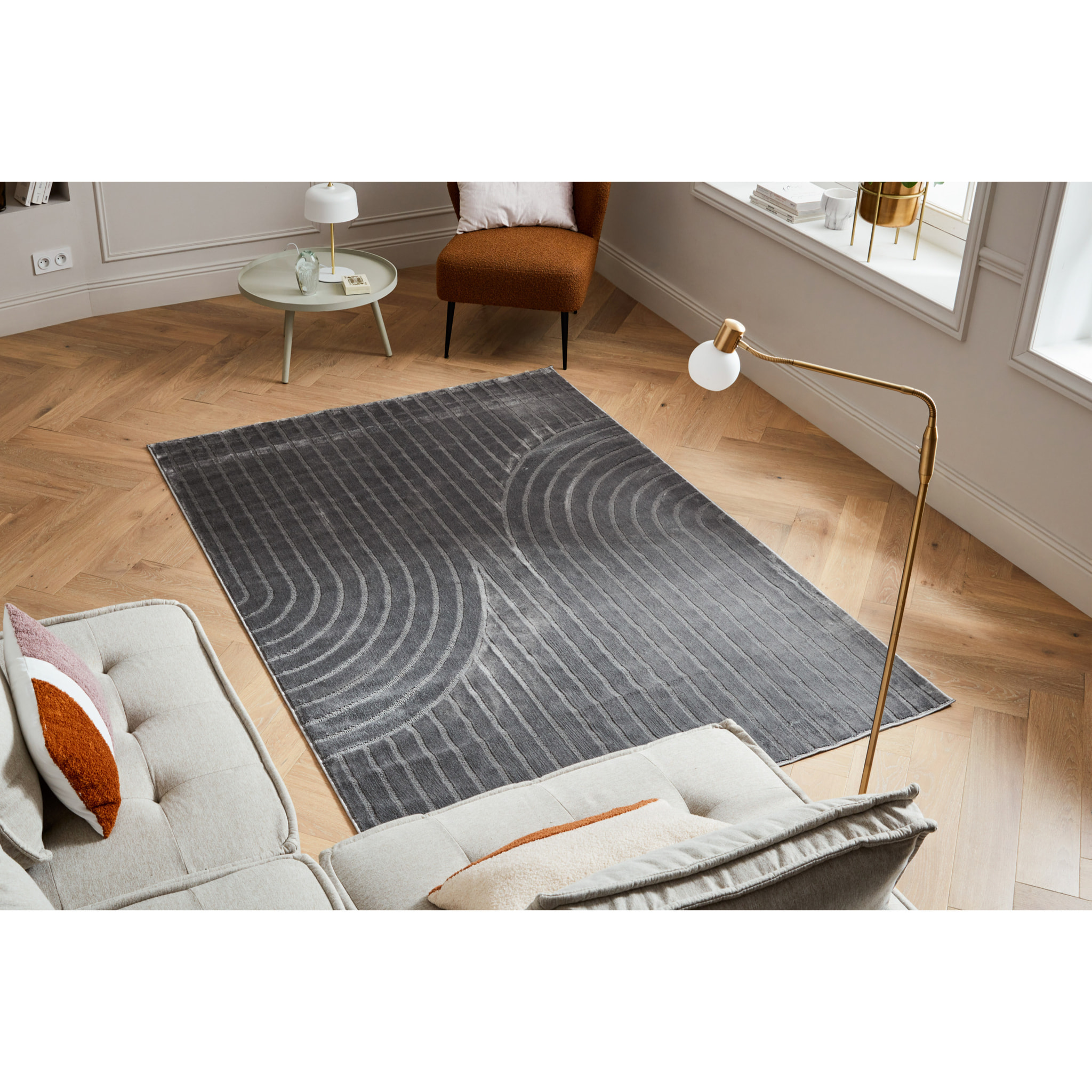 BLOOM - Tapis poils ras motif en relief - Gris