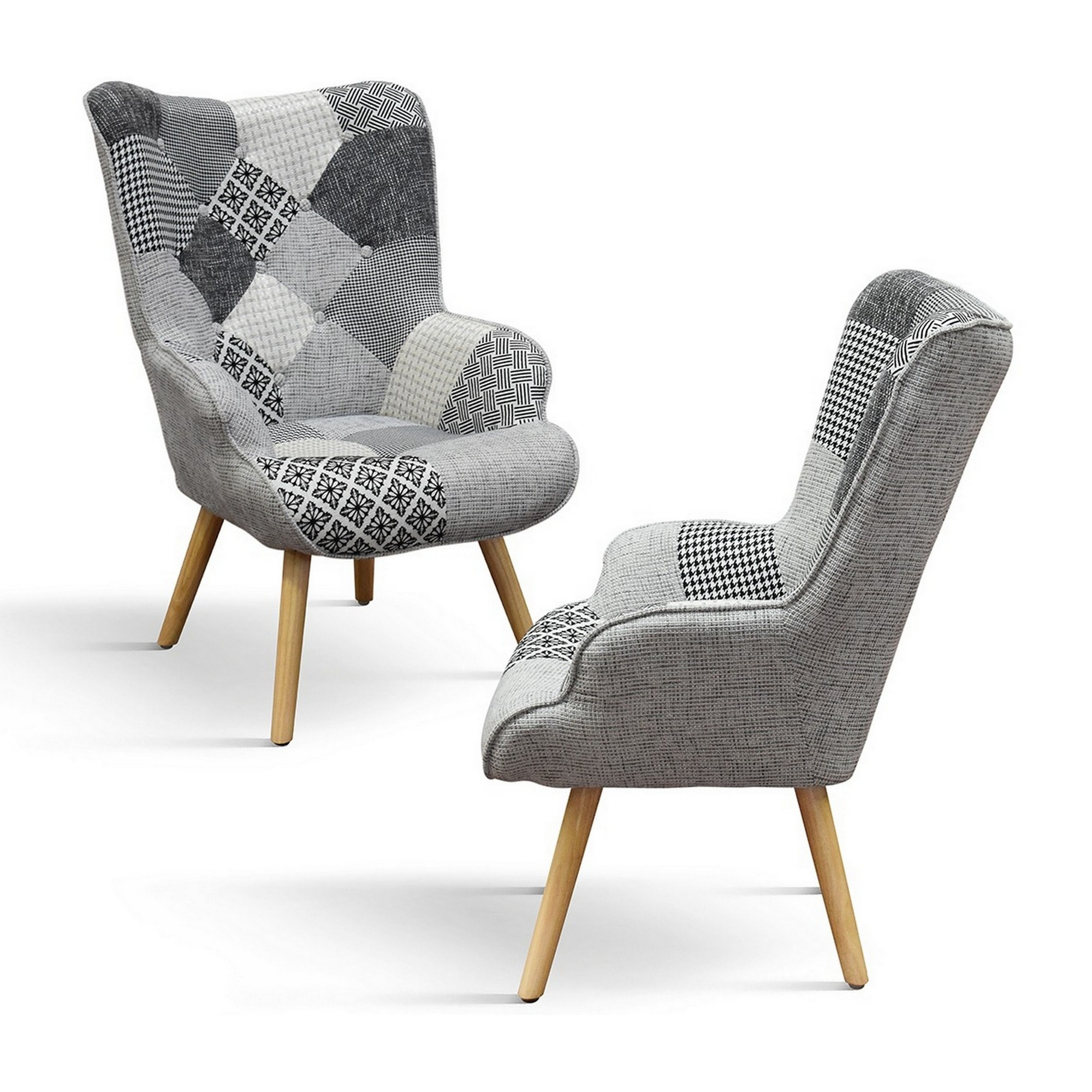 Poltrona HAVANA in tessuto patchwork grigio e gambe in legno