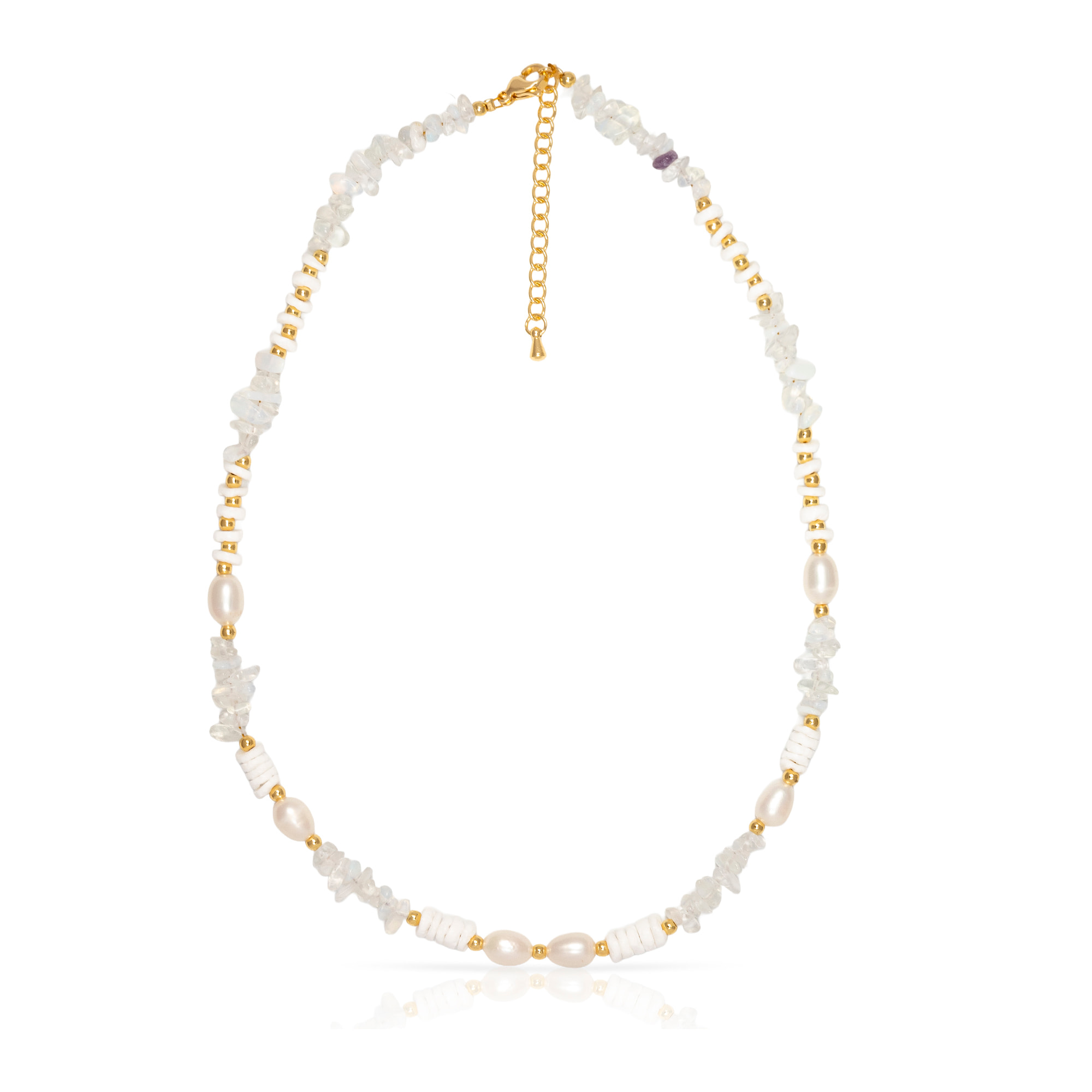 Collar de ópalo, conchas y perlas naturales con cierre de mosquetón.