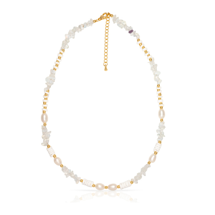 Collar de ópalo, conchas y perlas naturales con cierre de mosquetón.