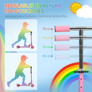 Patinete para Niños Plegable Patinete Infantil con Luces Música 4 Altura Ajustable Ruedas Brillantes Pedal LED para 3-7 Años Carga 50 kg 67x32x65-78 cm Rosa