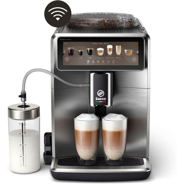 Expresso Broyeur SAECO SM8889 Cafetière à grain Xelsis Supréma en métal, connectée, avec carafe à lait