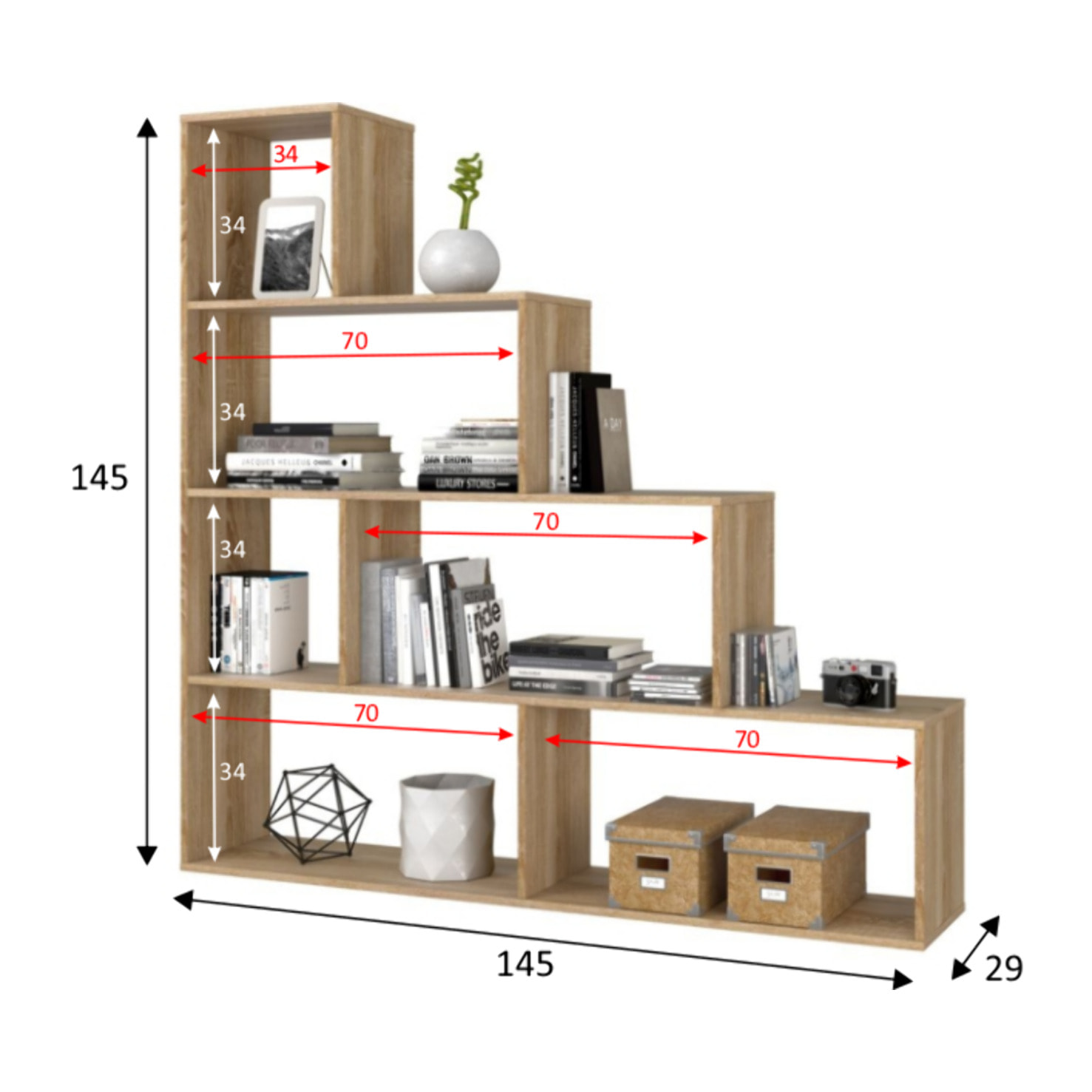 Libreria Scaffale Multiuso Con 6 Ripiani Per Soggiorno Salotto Camera Cameretta Design Moderno Modulabile Piedini Antigraffio 145x145x29 Cm  Rovere
