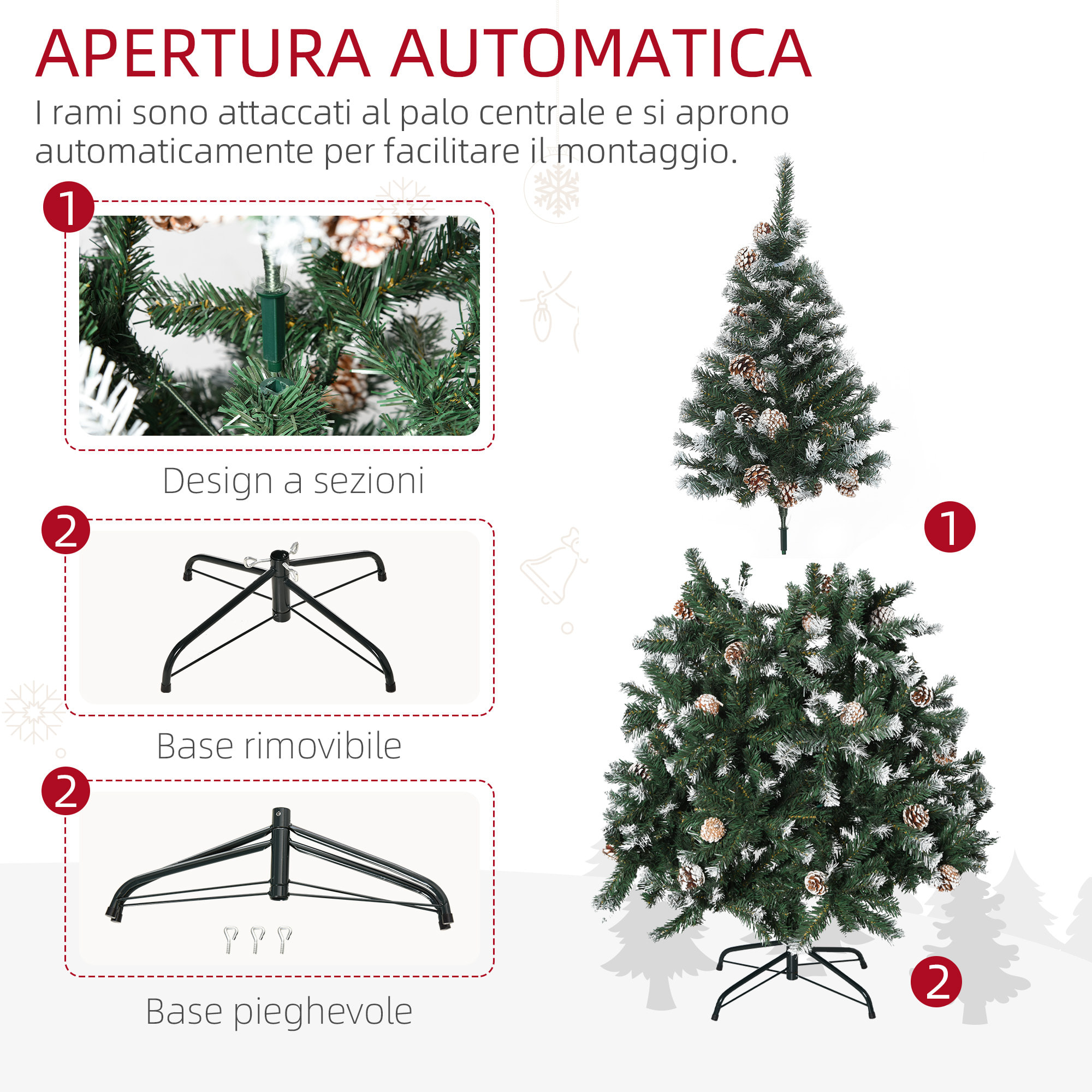 HOMCOM Albero di Natale Artificiale Innevato 150cm con 676 Rami e Pigne, Apertura Automatica e Base Pieghevole, Verde