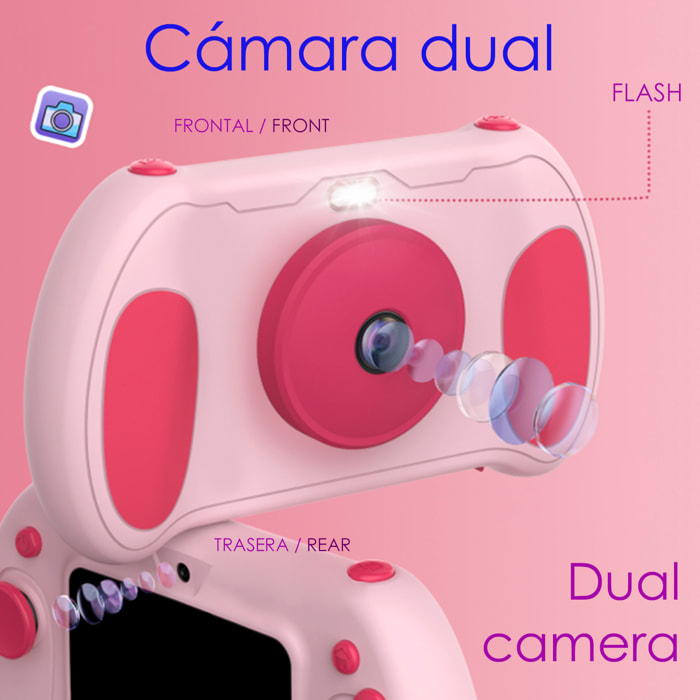 DAM Cámara de fotos y video infantil con juegos incorporados. Cámara dual, 48mpx y videoFull HD. Pantalla de 2,4 pulgadas. 12,5x3,5x7,5 Cm. Color: Rosa