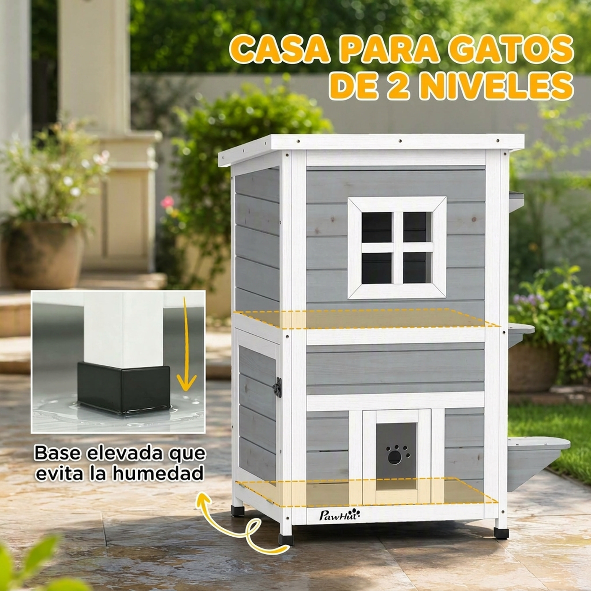 PawHut Caseta para Gatos de Madera Exterior, Casa para Gatos de 2 Niveles con Techo Abatible, Panel Central Extraíble, Ventanas, Puertas, para Terraza, Balcón, Jardín, 51x51x81,3 cm, Gris