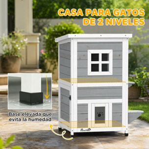 PawHut Caseta para Gatos de Madera Exterior, Casa para Gatos de 2 Niveles con Techo Abatible, Panel Central Extraíble, Ventanas, Puertas, para Terraza, Balcón, Jardín, 51x51x81,3 cm, Gris