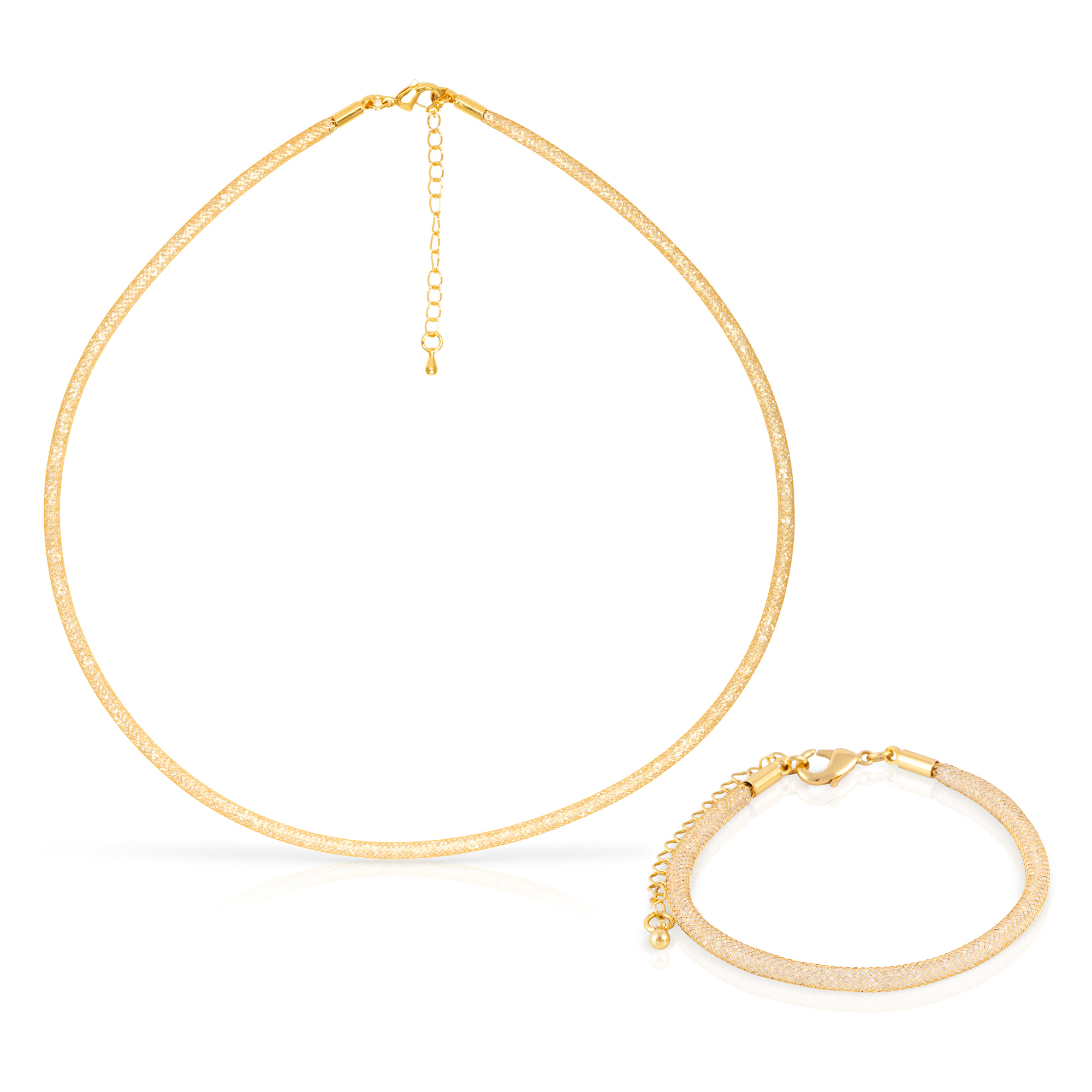 Set de collar y pulsera dorados de malla de cobre con relleno de cristal brillante y cierre de mosquetón de cobre dorado.