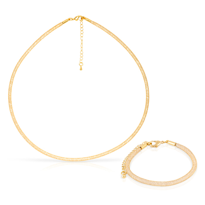 Set de collar y pulsera dorados de malla de cobre con relleno de cristal brillante y cierre de mosquetón de cobre dorado.