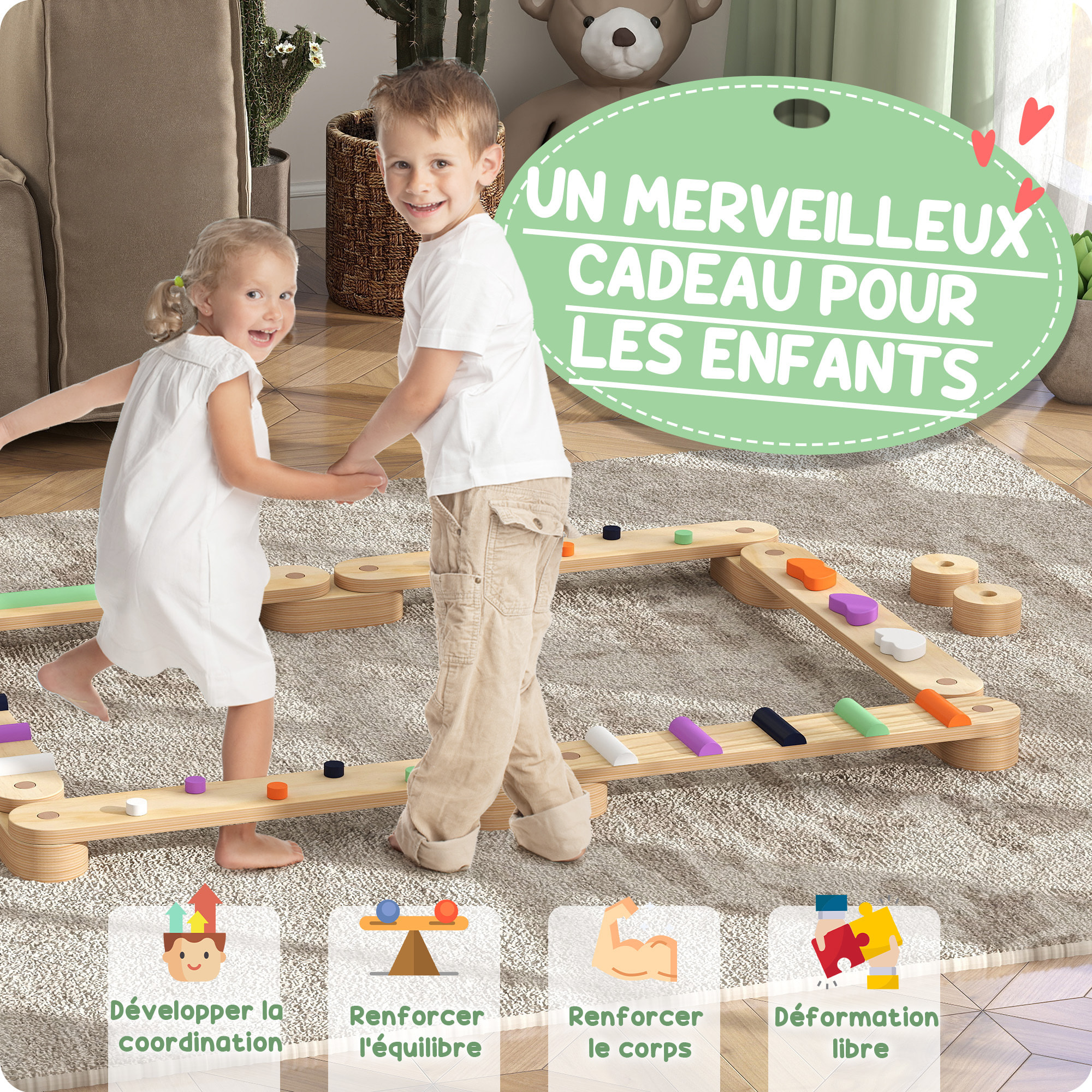 Poutre d'équilibre enfant en bois - pierres d'obstacle colorées - intérieur extérieur