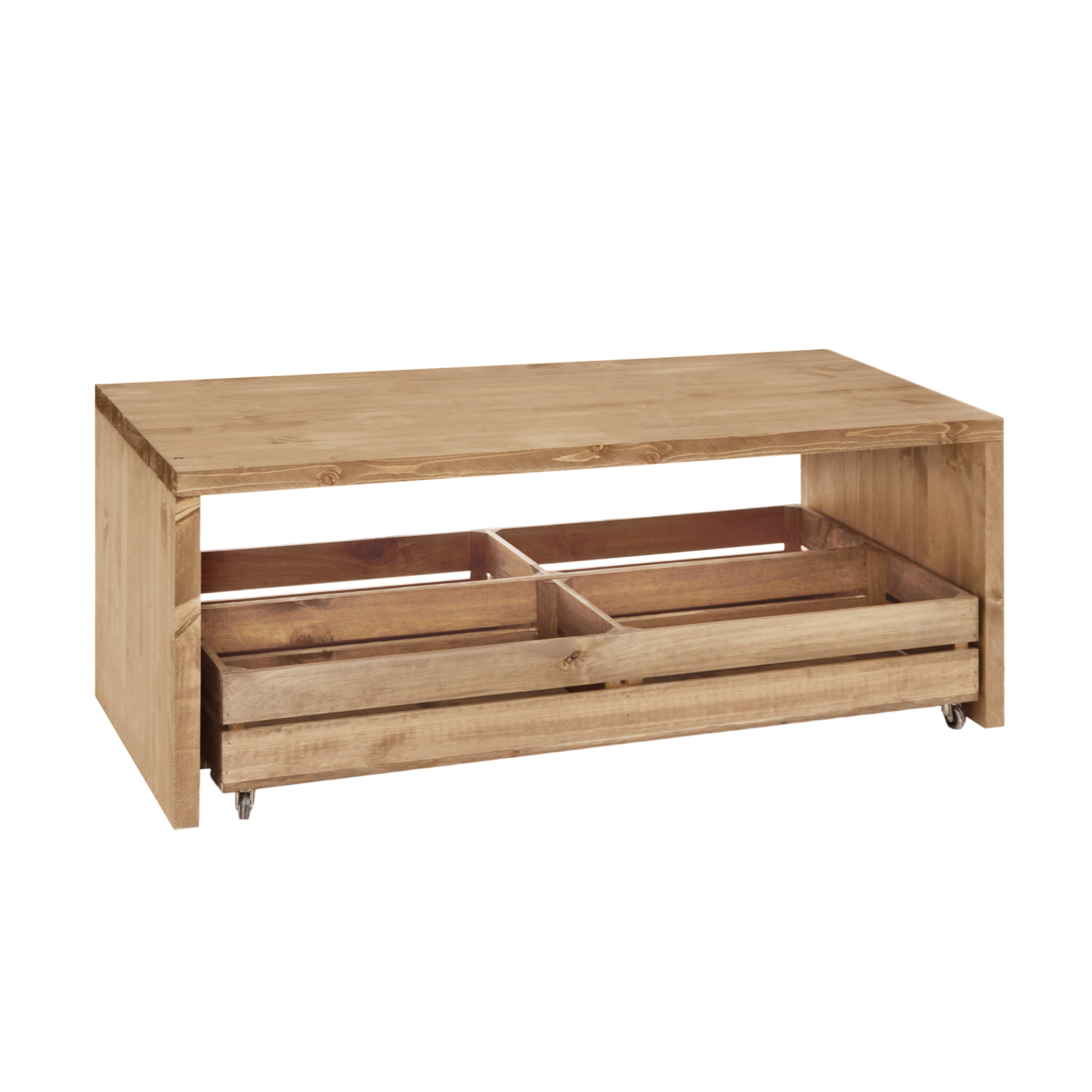 Mesa de centro de madera maciza en tono roble oscuro con ruedas de 120x45cm Alto: 45 Largo: 120 Ancho: 60