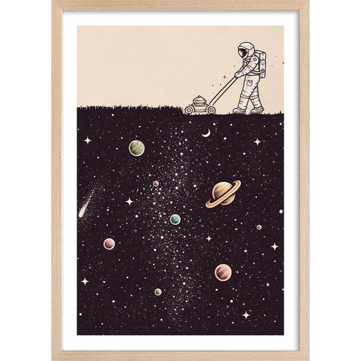 Affiche enfant space tondeuse  Affiche + cadre en bois - Chêne