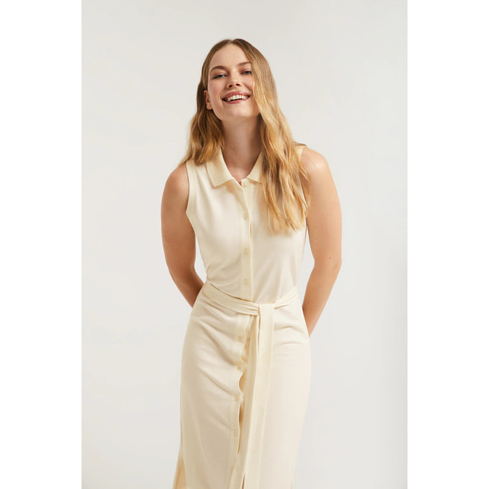 Vestido beige sin mangas con logo bordado al tono