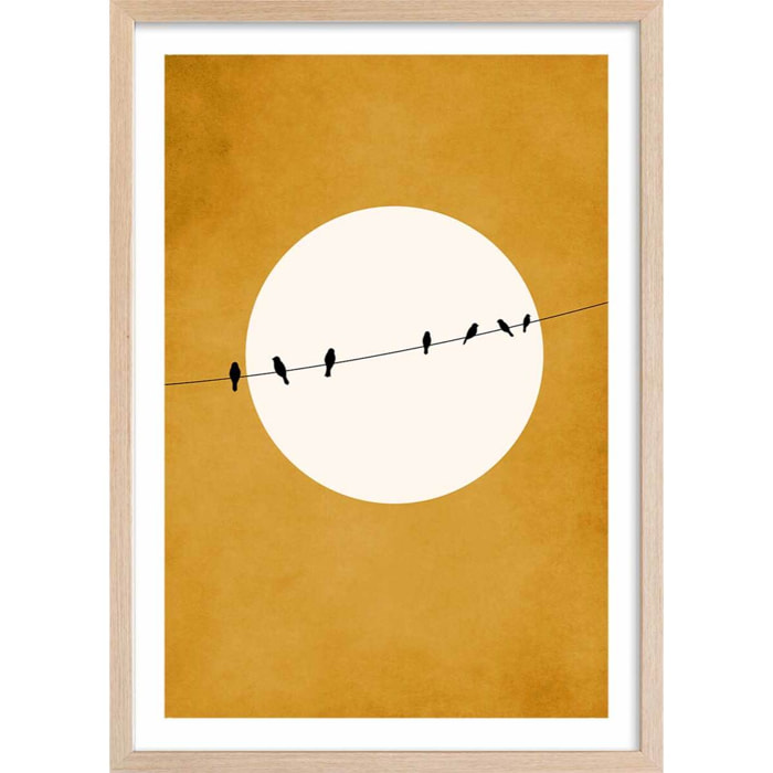 Affiche dessin ""Gazouillis"" Affiche + cadre en bois - Chêne