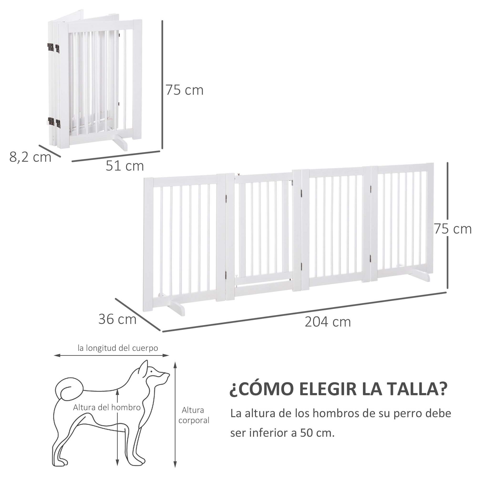 Barrera de Seguridad para Perros de Madera Plegable, para Escaleras y Puertas, Valla para Perros Pequeños y Medianos de 4 Paneles, con Soporte de Pie, para Interiores, 204x36x75 cm, Blanco