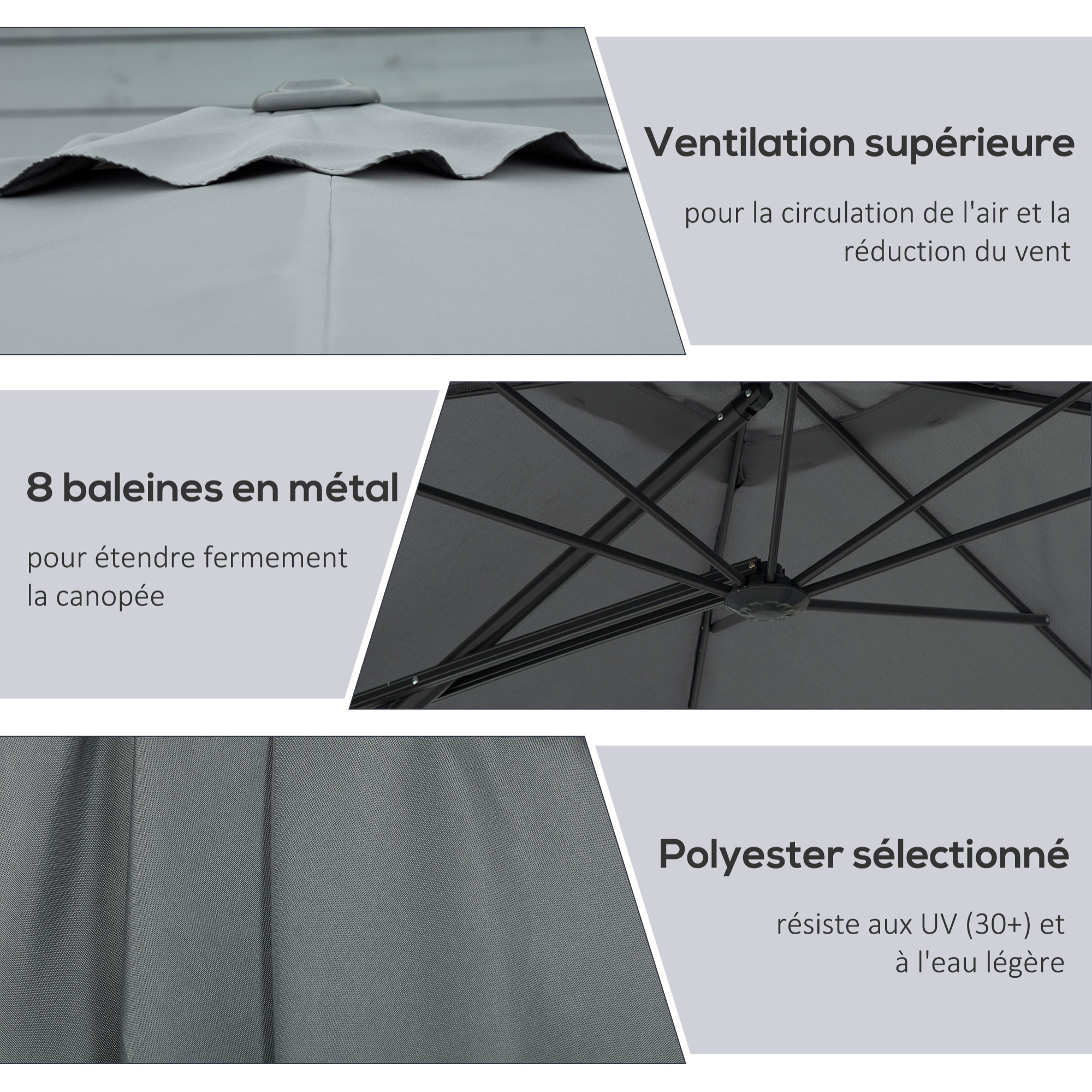 Parasol déporté carré dim. 2,5 x 2,5 m piètement inclus métal époxy polyester haute densité anthracite