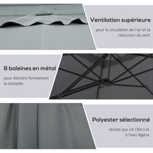 Parasol déporté carré dim. 2,5 x 2,5 m piètement inclus métal époxy polyester haute densité anthracite