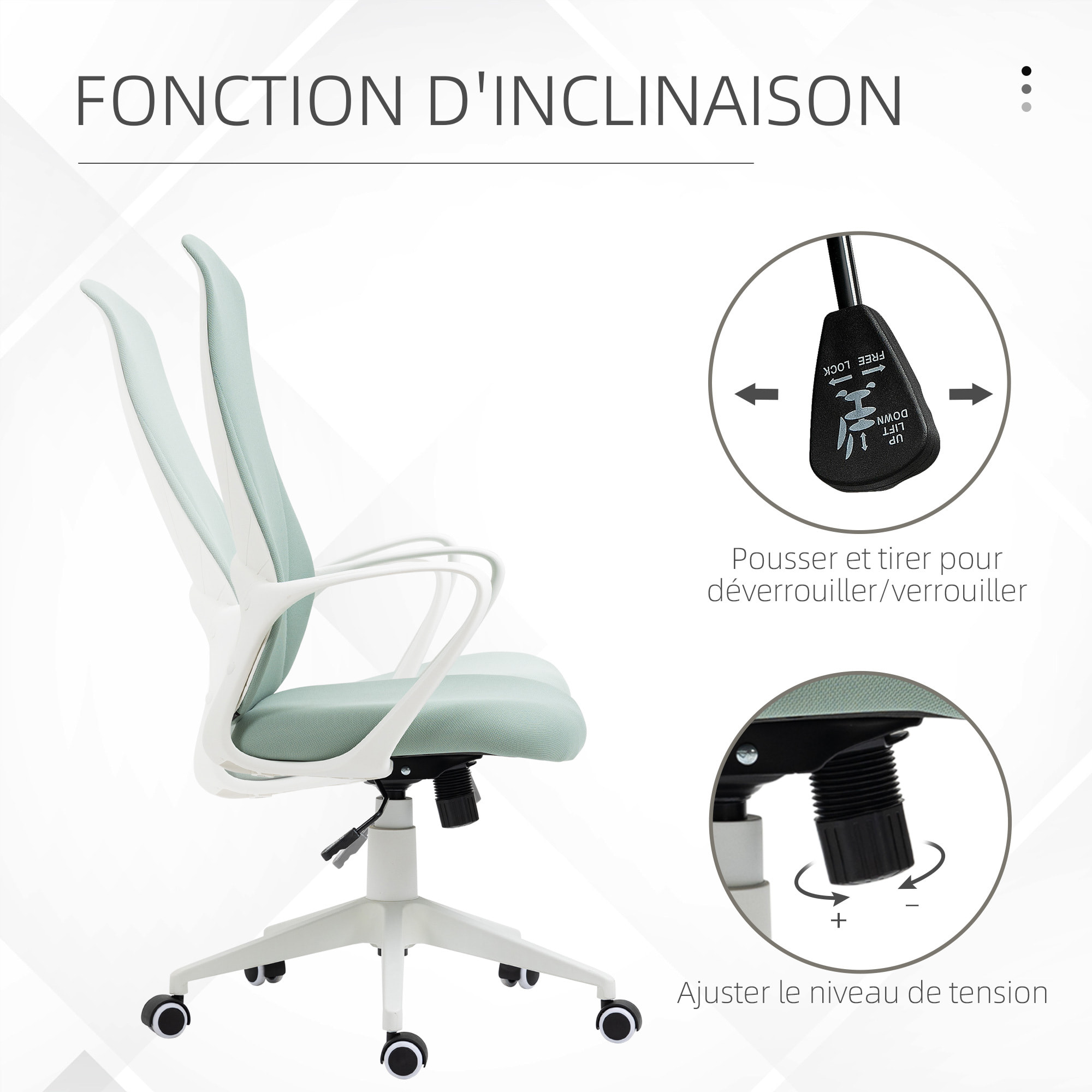 Fauteuil de Bureau ergonomique avec accoudoirs et roulettes pivotant - Fonction Inclinaison et Hauteur réglable dim. 62L x 56l x 119,5H cm - Vert