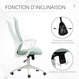 Fauteuil de Bureau ergonomique avec accoudoirs et roulettes pivotant - Fonction Inclinaison et Hauteur réglable dim. 62L x 56l x 119,5H cm - Vert