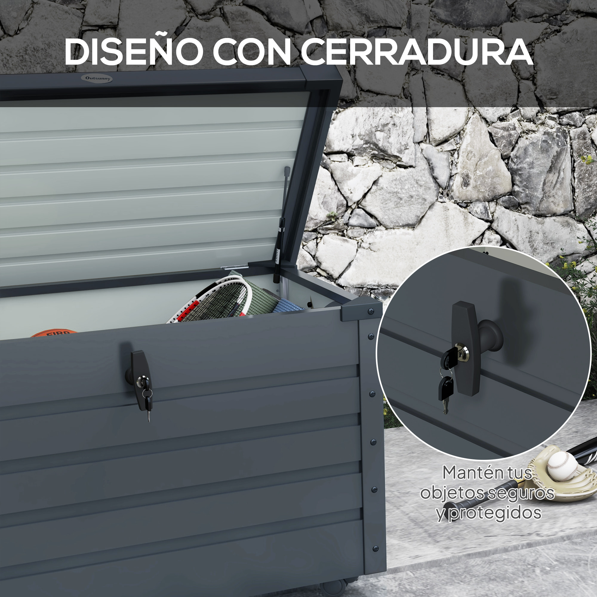 Arcón Exterior Capacidad 295L, Baúl de Almacenaje de Acero Galvanizado con 4 Ruedas, 2 Asas y Tapa con Cerradura, Impermeable, para Jardín, Terraza, Patio, 100x62x65 cm, Gris Oscuro