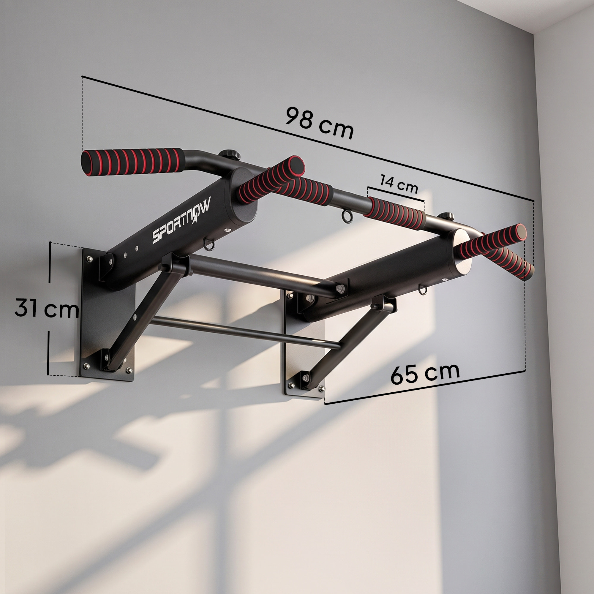 SPORTNOW Barra de Dominadas para Pared Plegable, Barra de Dominadas con 3 Anillas para Bandas de Resistencia, Agarres Antideslizantes, Carga 120 kg, para Entrenamiento en Casa, Gimnasio, Negro