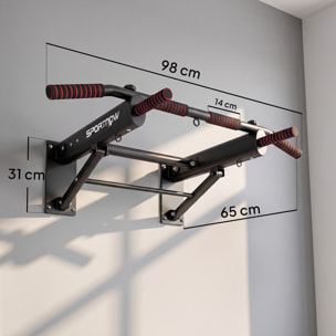SPORTNOW Barra de Dominadas para Pared Plegable, Barra de Dominadas con 3 Anillas para Bandas de Resistencia, Agarres Antideslizantes, Carga 120 kg, para Entrenamiento en Casa, Gimnasio, Negro