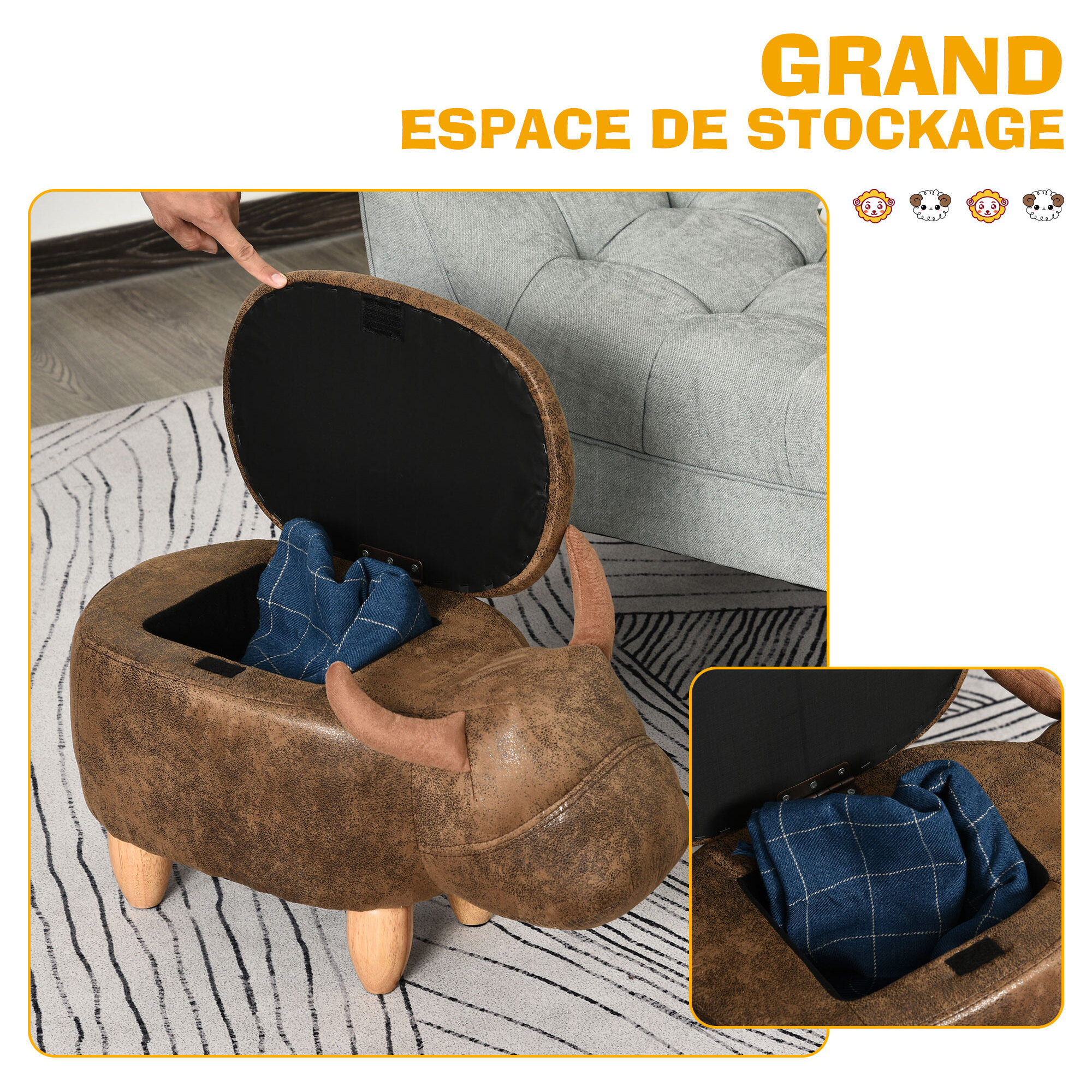 Tabouret vache - pouf vachette - pouf taureau coffre de rangement 2 en 1 - pieds bois d'hévéa revêtement synthétique aspect daim vieilli marron