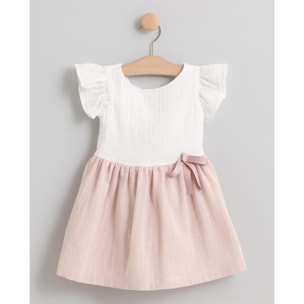 VESTIDO FALDA FRUNCIDA ROSA Y CUERPO BLANCO