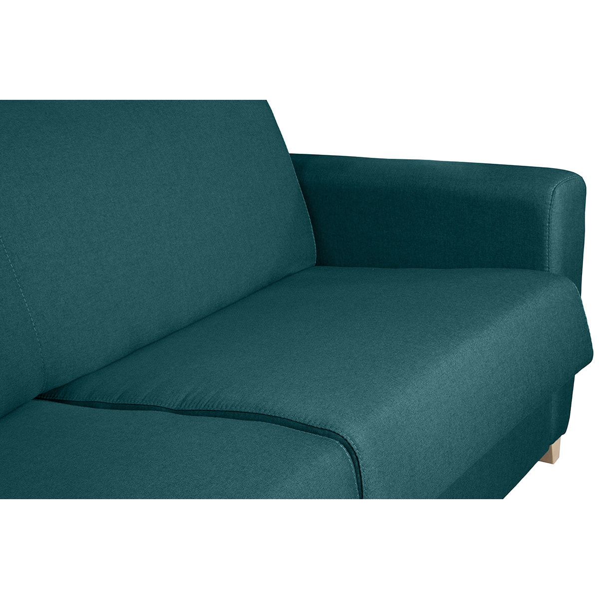 Canapé d'angle convertible réversible avec coffre 4 places en tissu bleu canard et bois clair GRAHAM