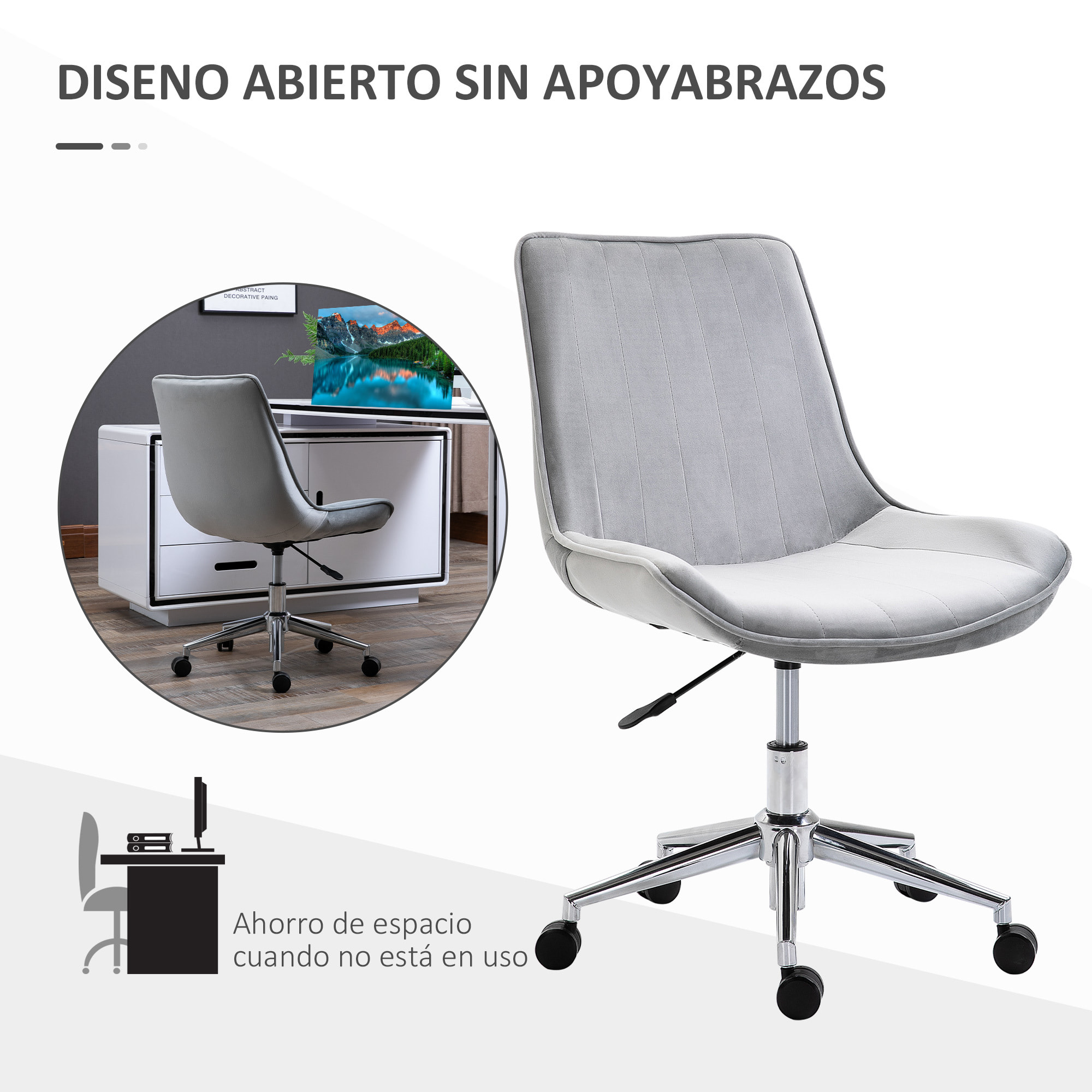 HOMCOM Silla de Oficina Giratoria Silla de Escritorio Ergonómica con Altura Ajustable Respaldo Tapizado en Terciopelo Suave y Ruedas Carga 120 kg 52,5x60x82-91 cm Gris