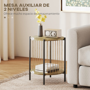 Mesa Auxiliar Redonda de 2 Niveles Mesita Auxiliar Bohemio con Estante y Estructura de Acero para Salón Dormitorio 43,5x43,5x51 cm Natural