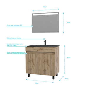 Meuble salle de bain 80x80 - Finition chene naturel + vasque noire + miroir Led - TIMBER 80 - Pack06